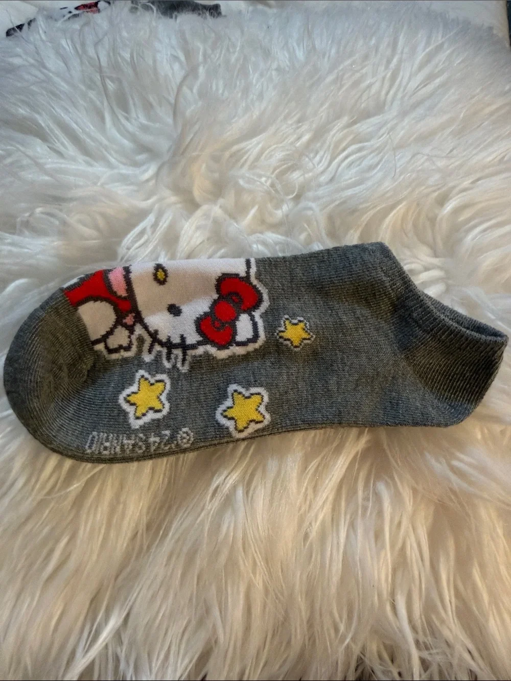 Sanrio Hello Kitty Gray Ankle Sock with Red Bow and Yellow Stars